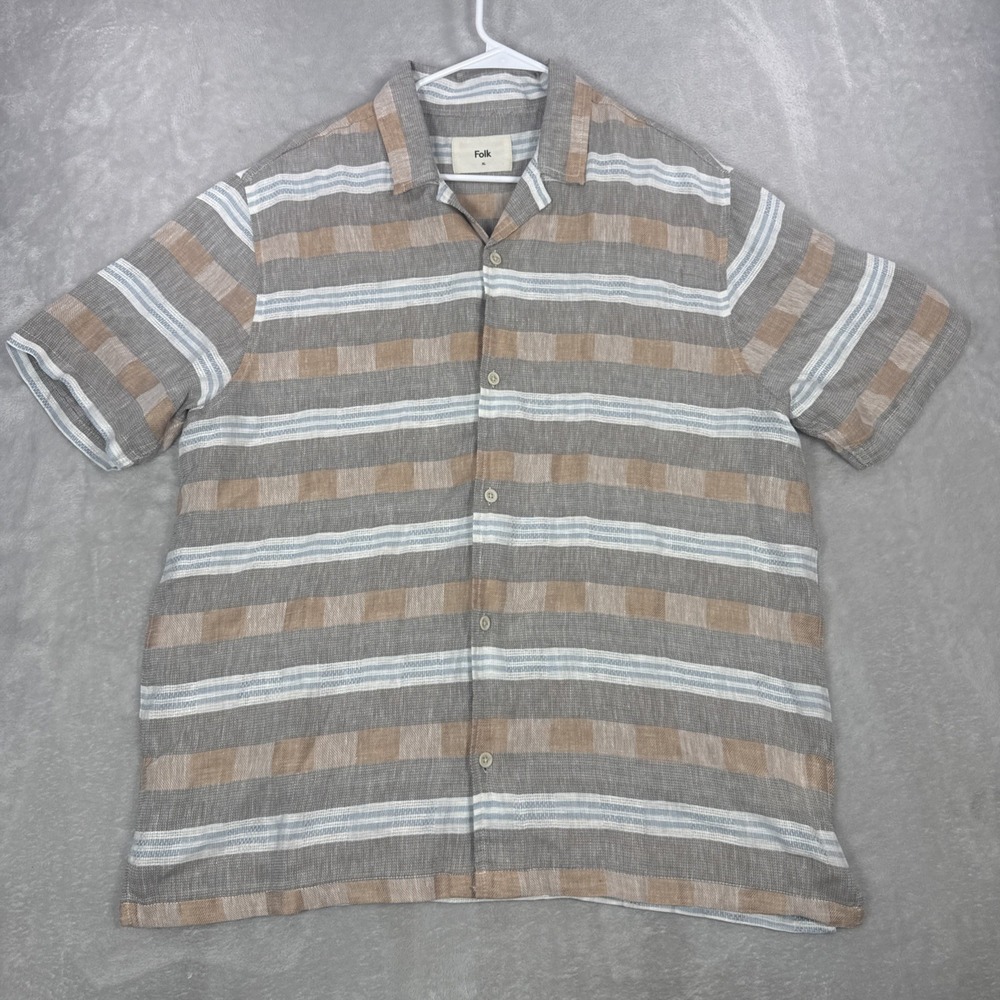 Folk Clothing Shirt Mens XLarge Linen Blend Short Sleeve Camp Multicolor Strip